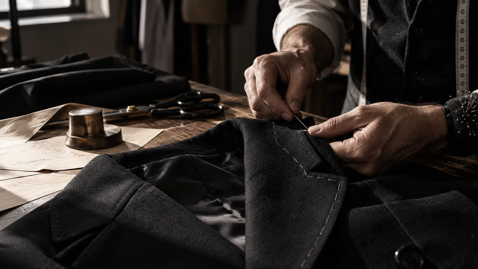 Close-up of dark cloth and tailoring work