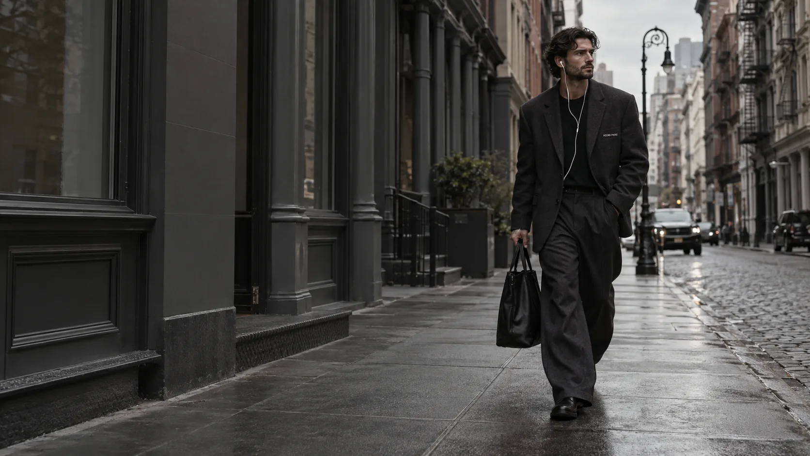 Sculptural black tailoring worn on a New York street